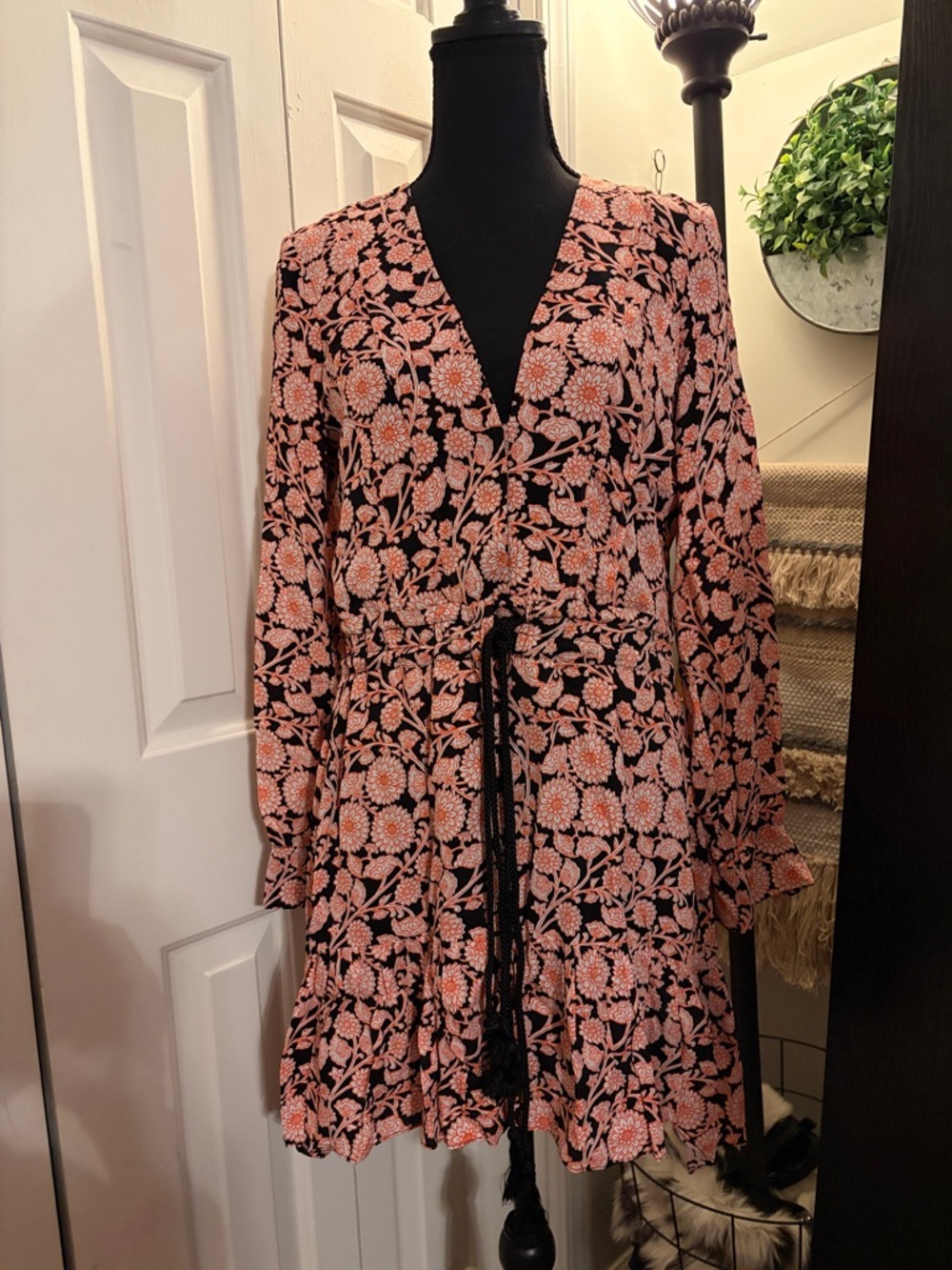 Reiss Black Mini Dress with Pink Floral Print - Long Sleeve V-Neck